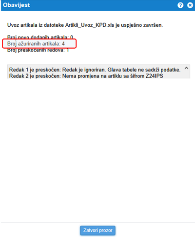 Zadnji korak uvoza klasifikacije artikala iz datoteke