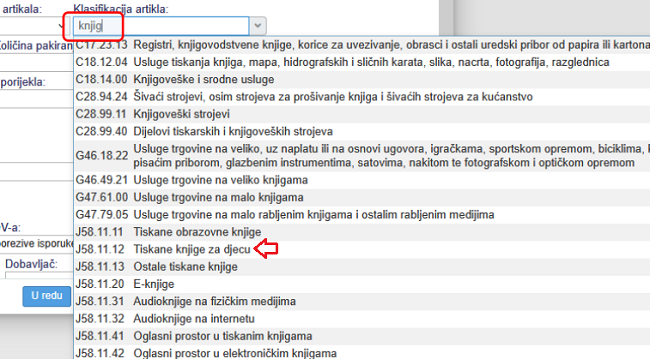 Pretraživanje klasifikacijske oznake po nazivu / opisu artikla odnosno usluge