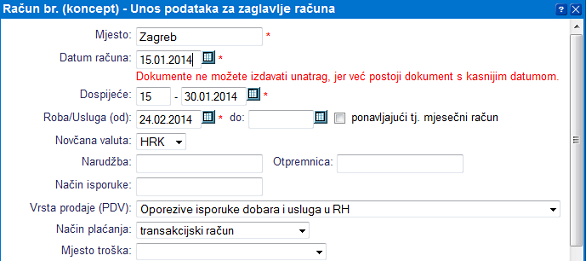 Pokušaj izdavanja računa za unazad, s datumom koji je raniji od datuma na zadnjem izdanom računu