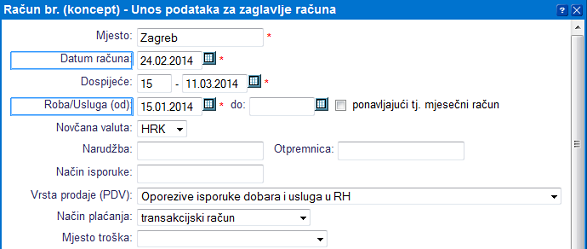 Izdavanje računa s prilagođenim datumom obavljene usluge/isporuke robe