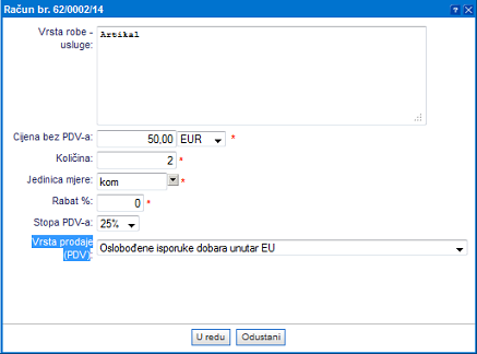 Odabir vrste isporuke na prodajnom dokumentu