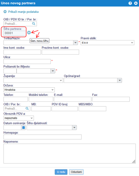 Šifriranje partnera prilikom dodavanja u evidenciju