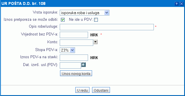 Maska za unos stavki ulaznog ra�una