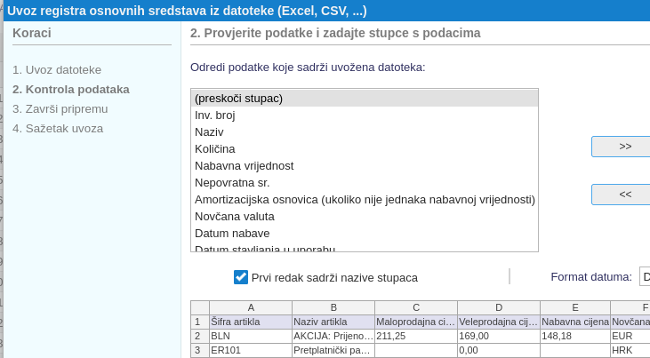 Određivanje stupaca za uvoz podataka i mapiranje