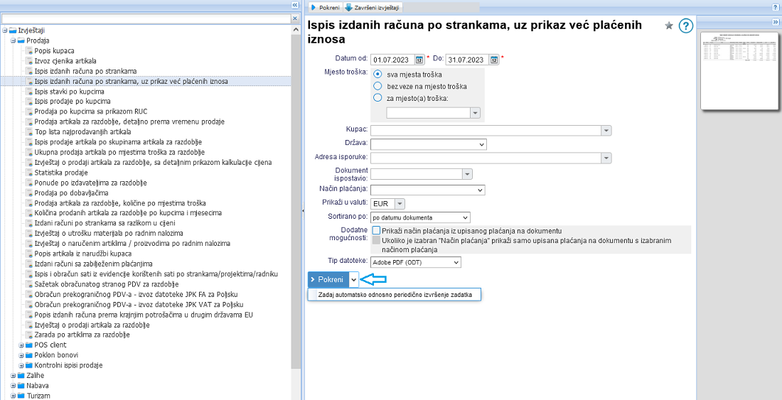Aktivacija automatskog izvršenja izabranog izvještaja