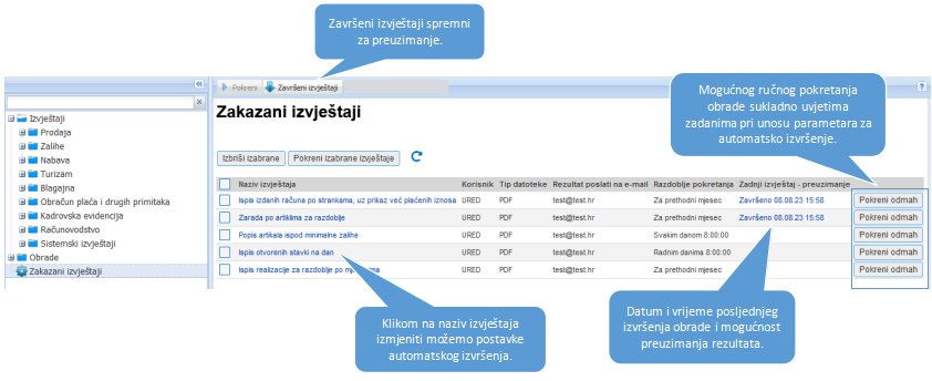 Pregled svih planiranih/zakazanih izvještaja i obrada