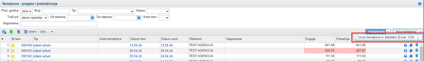 Odabir mogućnosti za masovni uvoz temeljnica iz datoteke