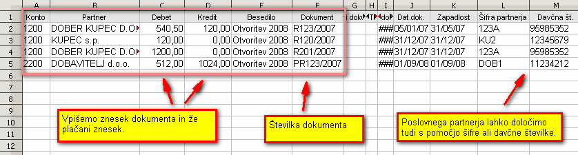 Primer datoteke za uvoz odprtih postavk