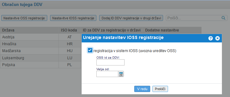 Nastavitve IOSS registracije veljavnost