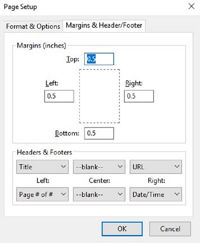 Okno za nastavitev izpisa glave in noge strani v brskalniku Mozilla