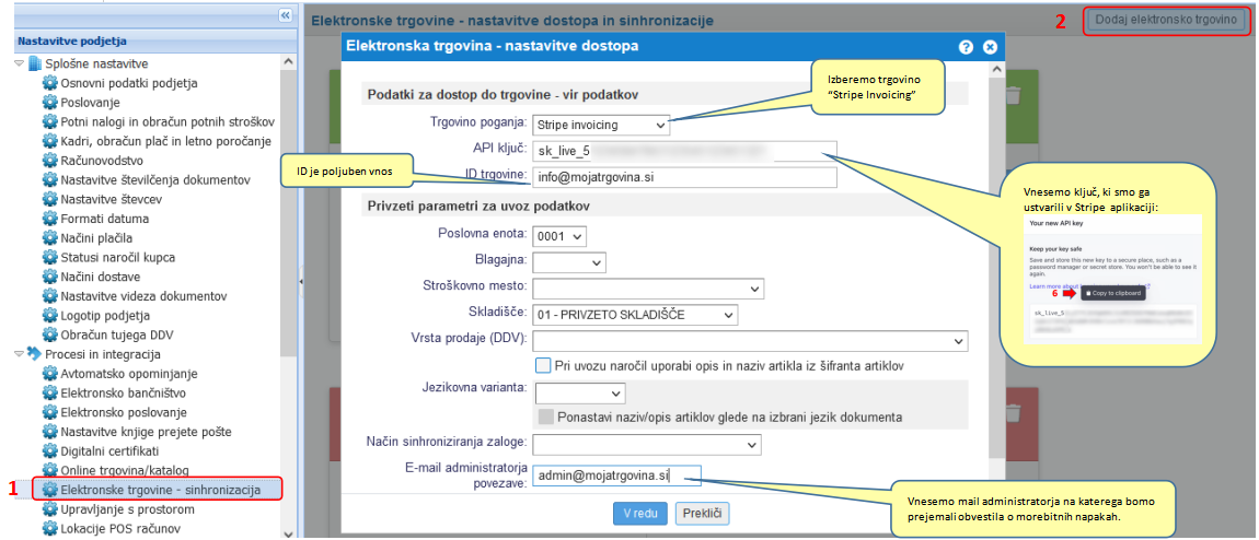 Dodajanje nove elektronske trgovine Stripe Invoicing