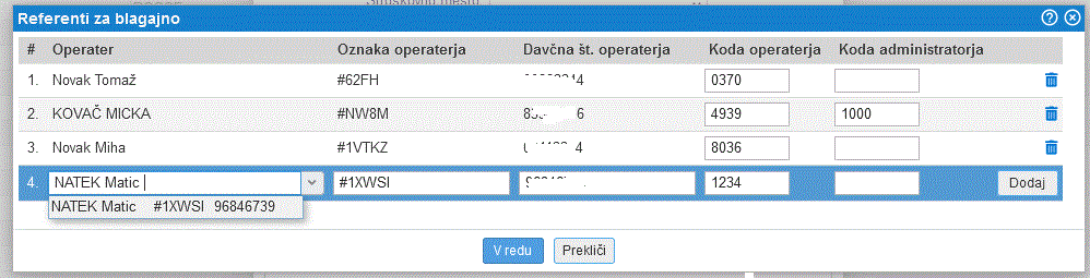 Izberemo operaterja med obstoječimi uporabniki