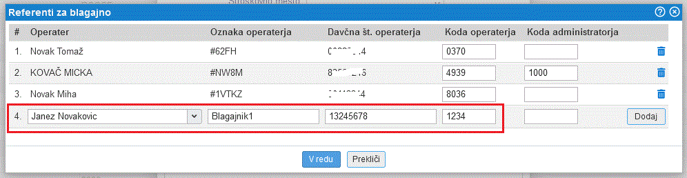 Vnos novega operaterja za delo na blagajni