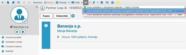 Šifrant dostavnih naslovov partnerja lahko uvozimo iz datoteke
