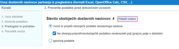 Kliknemo na povezavo za pregled podatkov, ki se bodo uvozili