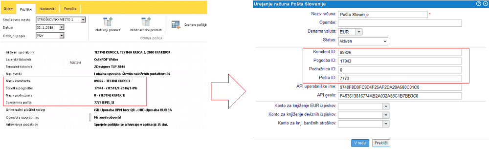 Dodajanje novega računa za Pošto Slovenije in vnos podatkov za kreiranje nalepke