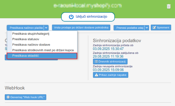 Nastavitve sinhronizacije z elektronsko trgovino