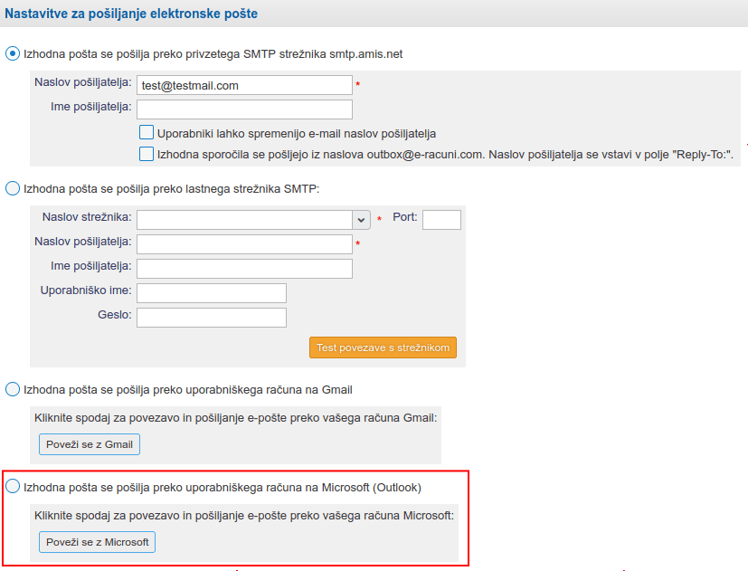 Izbira povezave z Microsoft (Outlook) računom