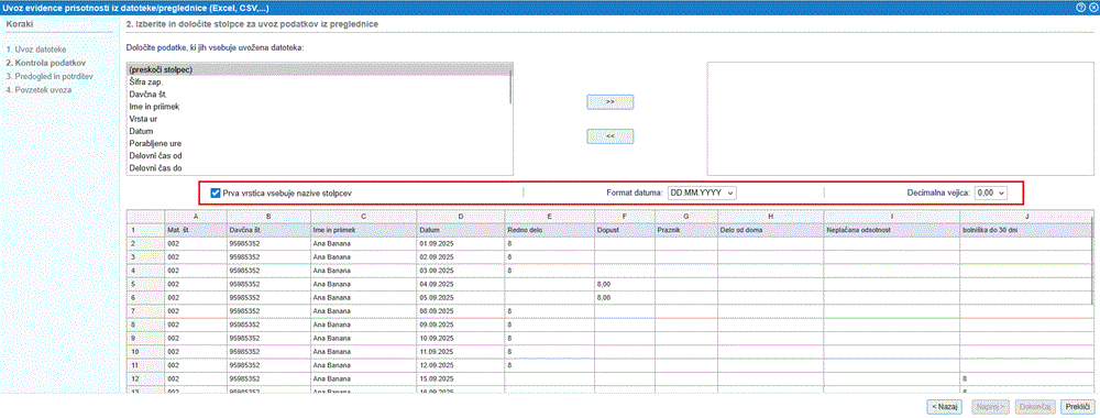 Splošne nastavitve uvoza podatkov