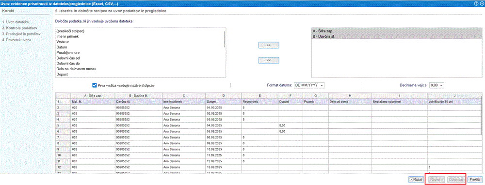 Gumb "Naprej" je onemogočen dokler ne nastavimo preslikave vsaj za obvezne podatke