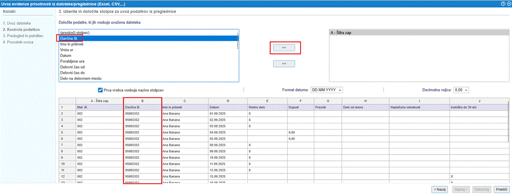 Preslikava podatkov iz stolpcev A in B končana, nadaljevanje preslikave zapisov iz stolpca C
