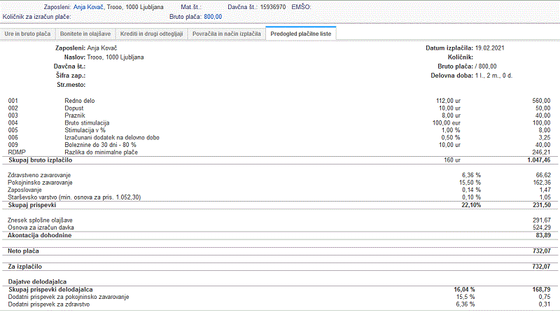 Plačilna lista sestavljena z osnovnimi postavkami v zgornji datoteki