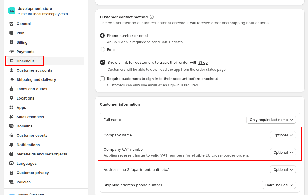 V Shopify nastavimo polji Company name in Company VAT number v nastavitvah Checkout