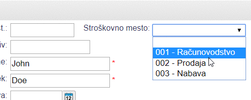 Razporeditev na stroškovno mesto pod zaposlenim